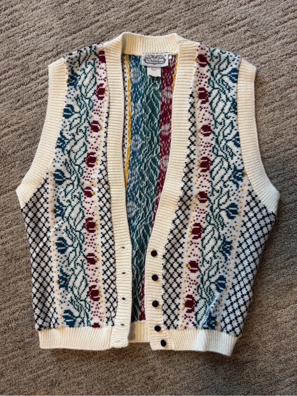 The Villager Vintage 80s Cream Fair Isle Button-Front Sweater Vest S